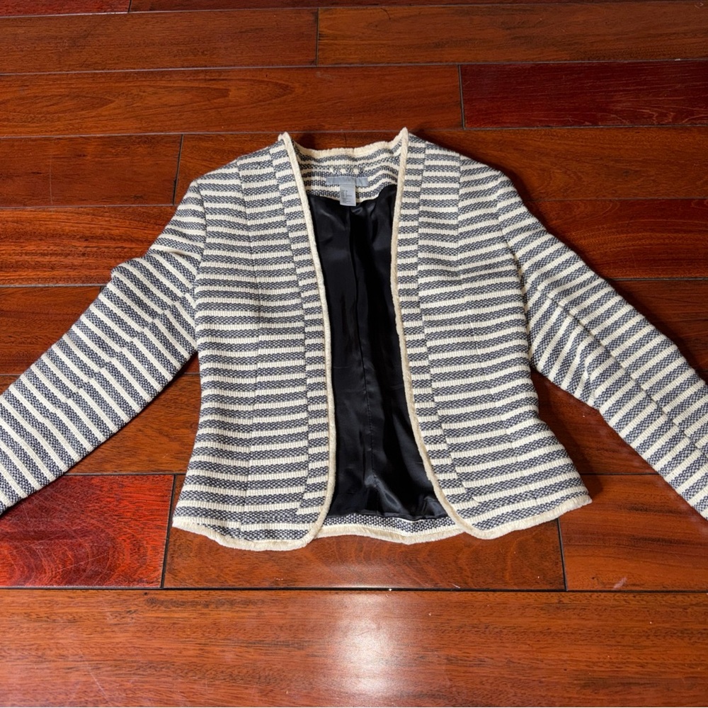 H&M Nautical Tweed Blazer Navy White Stripe Fringe Edges Size 6